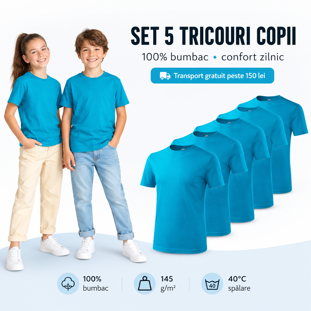 Set 5 tricouri copii turcoaz din bumbac 100%, mărimi 110 cm 122 cm 134 cm 146 cm 158 cm